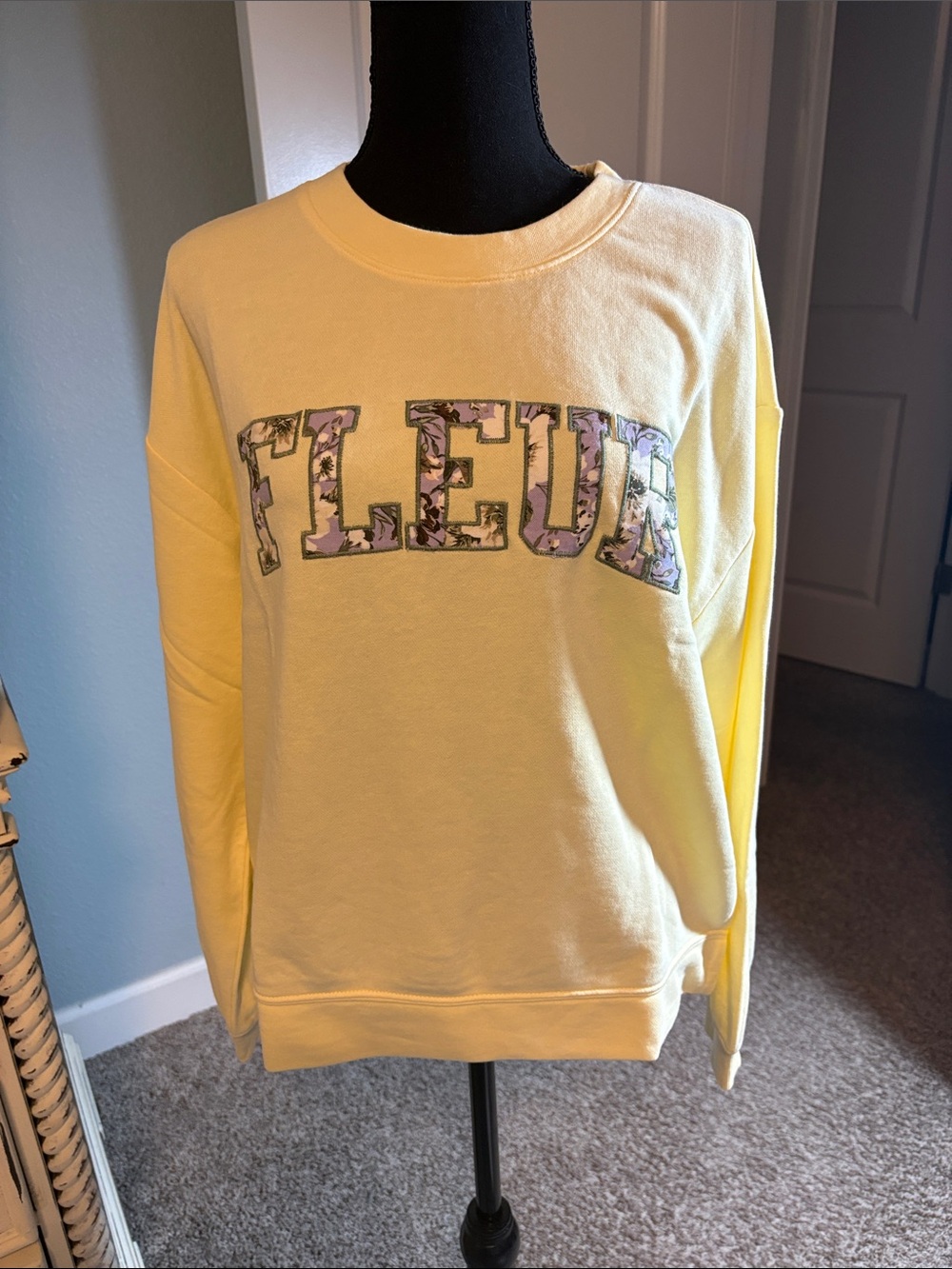 LOFT Pale Yellow Crewneck Sweater with Floral 'FLEUR' Applique